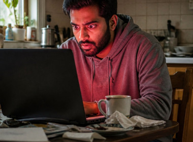 Man looking anxiously at a glowing laptop screen in a dim kitchen.