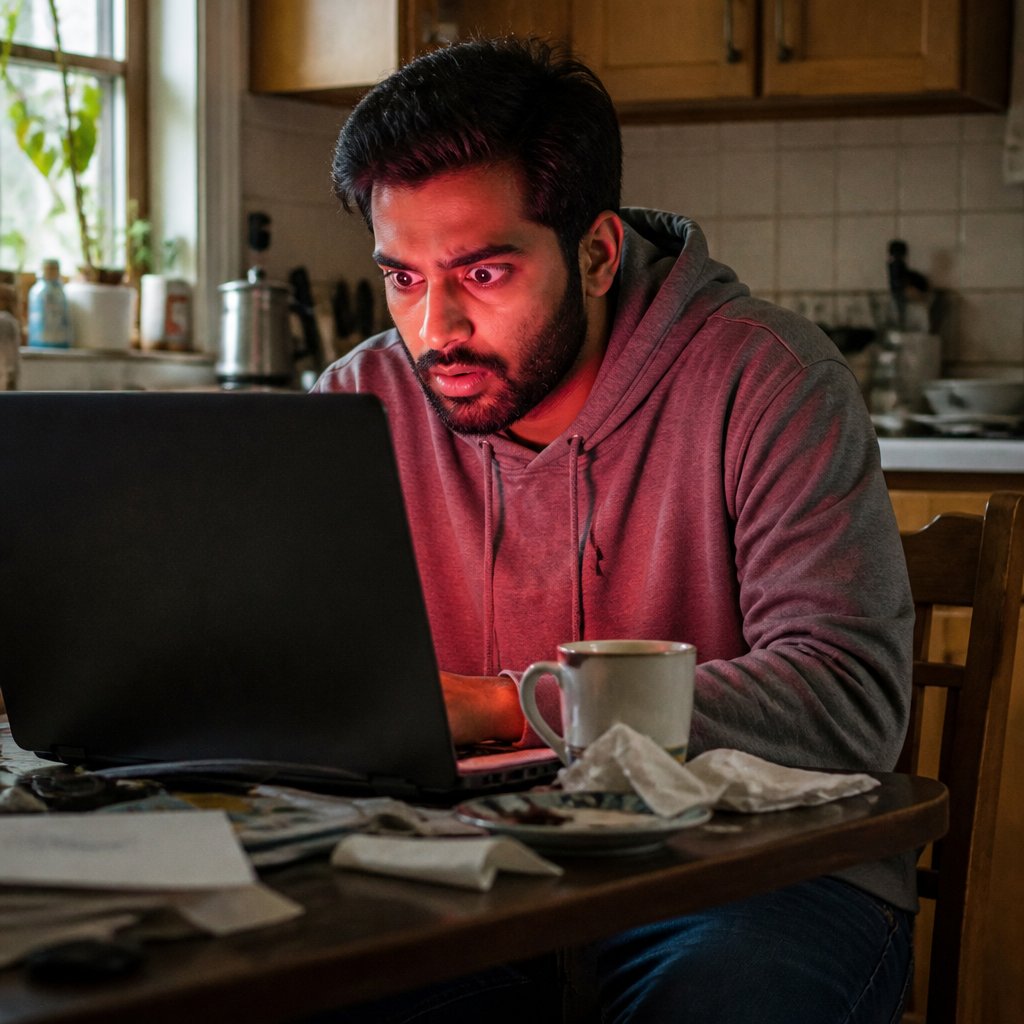 Man looking anxiously at a glowing laptop screen in a dim kitchen.