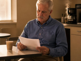 Man reading company mandate email in a break room, looking concerned.
