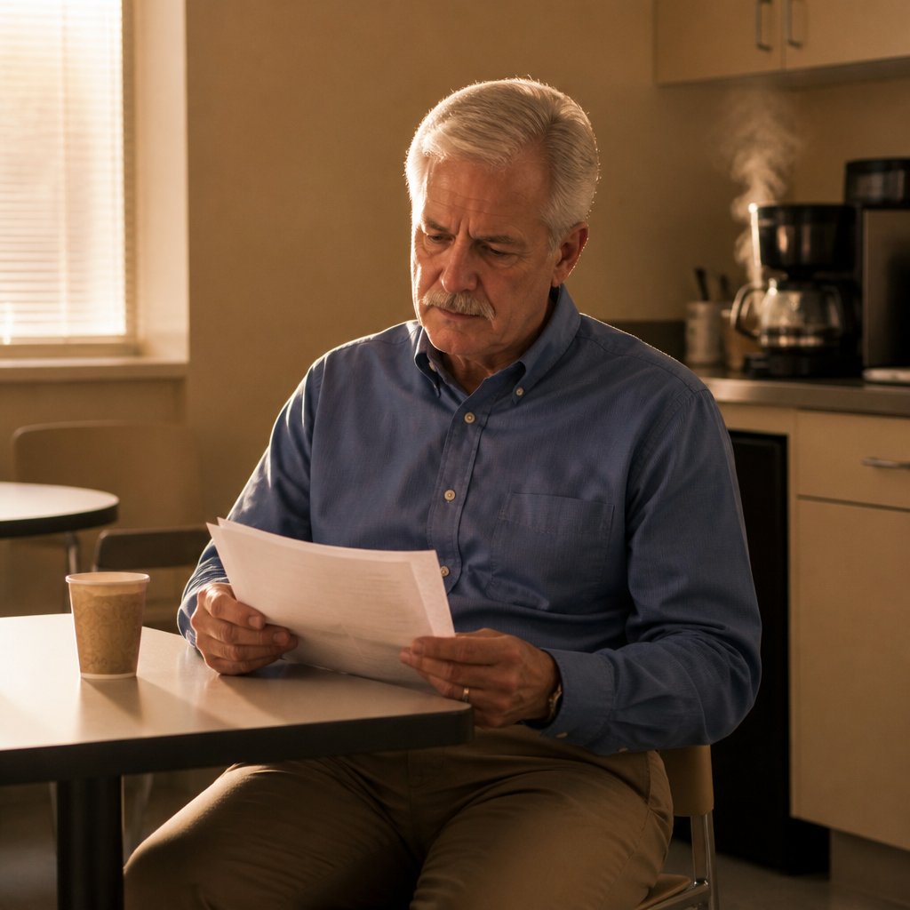 Man reading company mandate email in a break room, looking concerned.