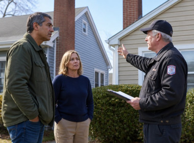 A man and woman stand near their homes' chimneys while a uniformed inspector gestures at the brick stack on the property line.