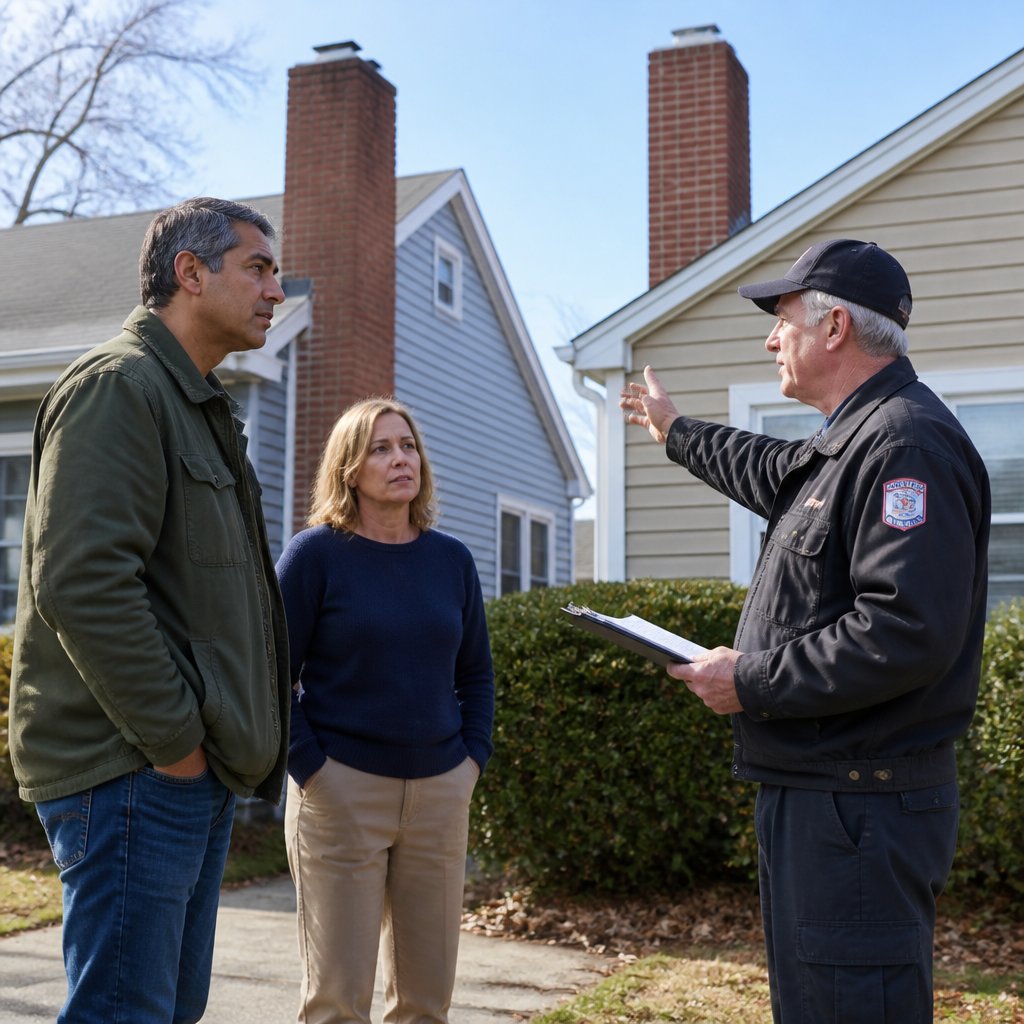 A man and woman stand near their homes' chimneys while a uniformed inspector gestures at the brick stack on the property line.
