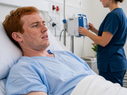Young red-haired white man with freckles in hospital bed looking worried as nurse adjusts monitor.
