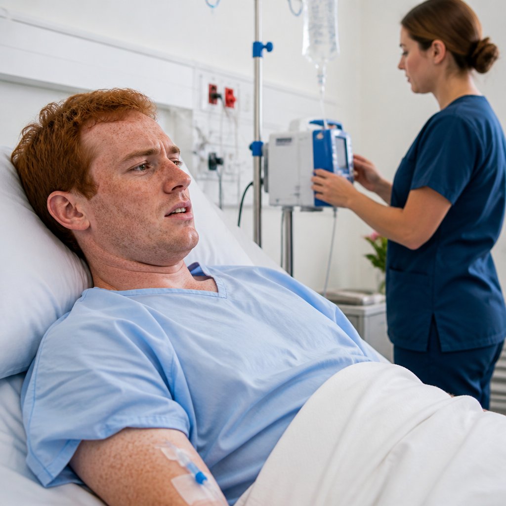 Young red-haired white man with freckles in hospital bed looking worried as nurse adjusts monitor.