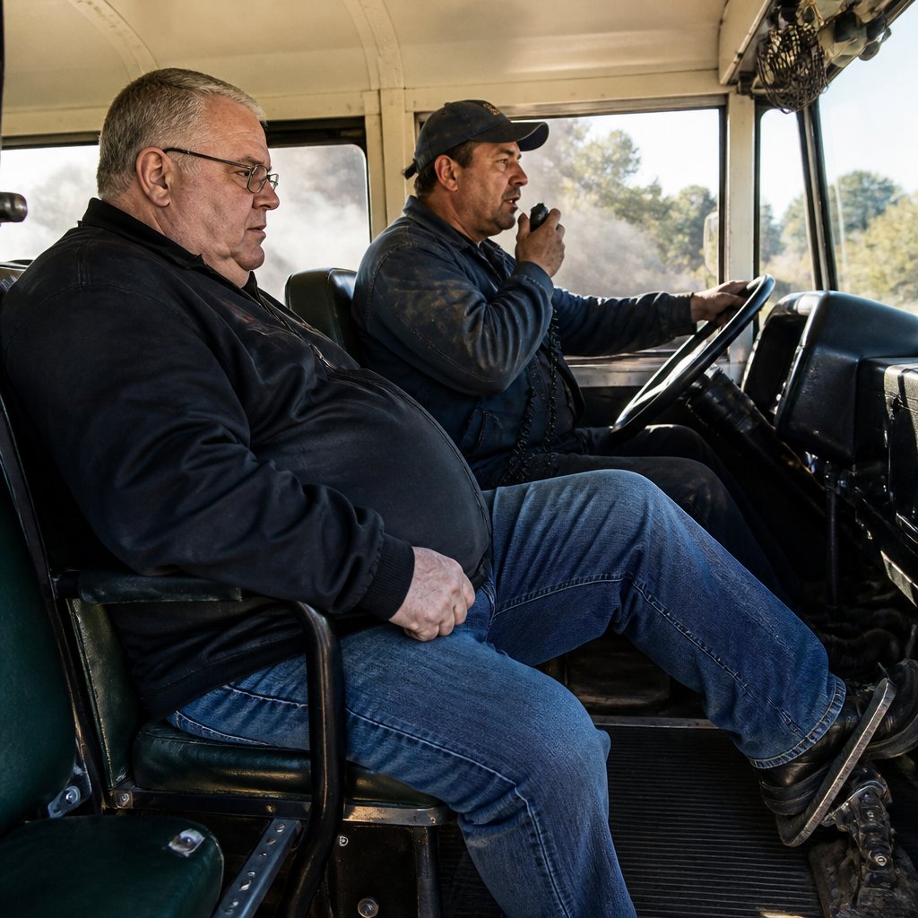 Man seated on bus pressing brake pedal, looking concerned; driver wearing blue cap speaks into radio inside smoky bus.