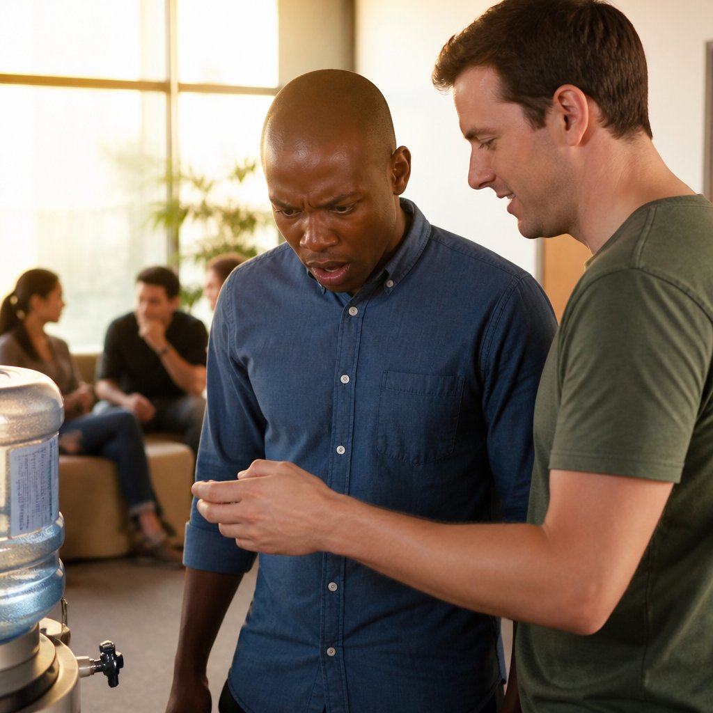 Black man looking shocked while coworker shows him content on phone near water cooler.