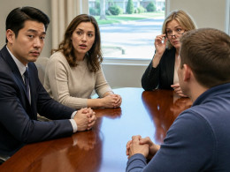 Man and clients at closing table with title agent hesitating over documents