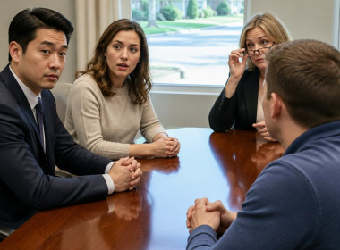 Man and clients at closing table with title agent hesitating over documents