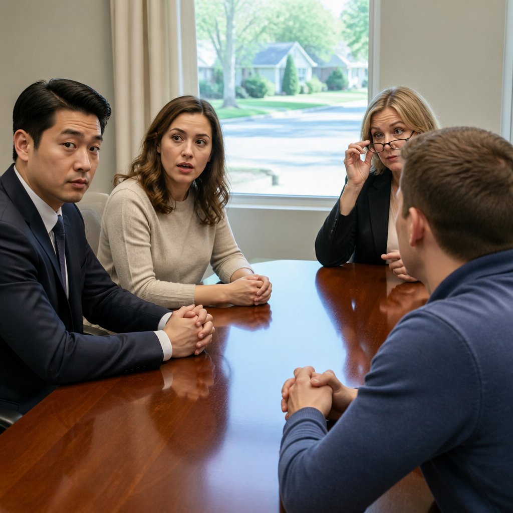 Man and clients at closing table with title agent hesitating over documents