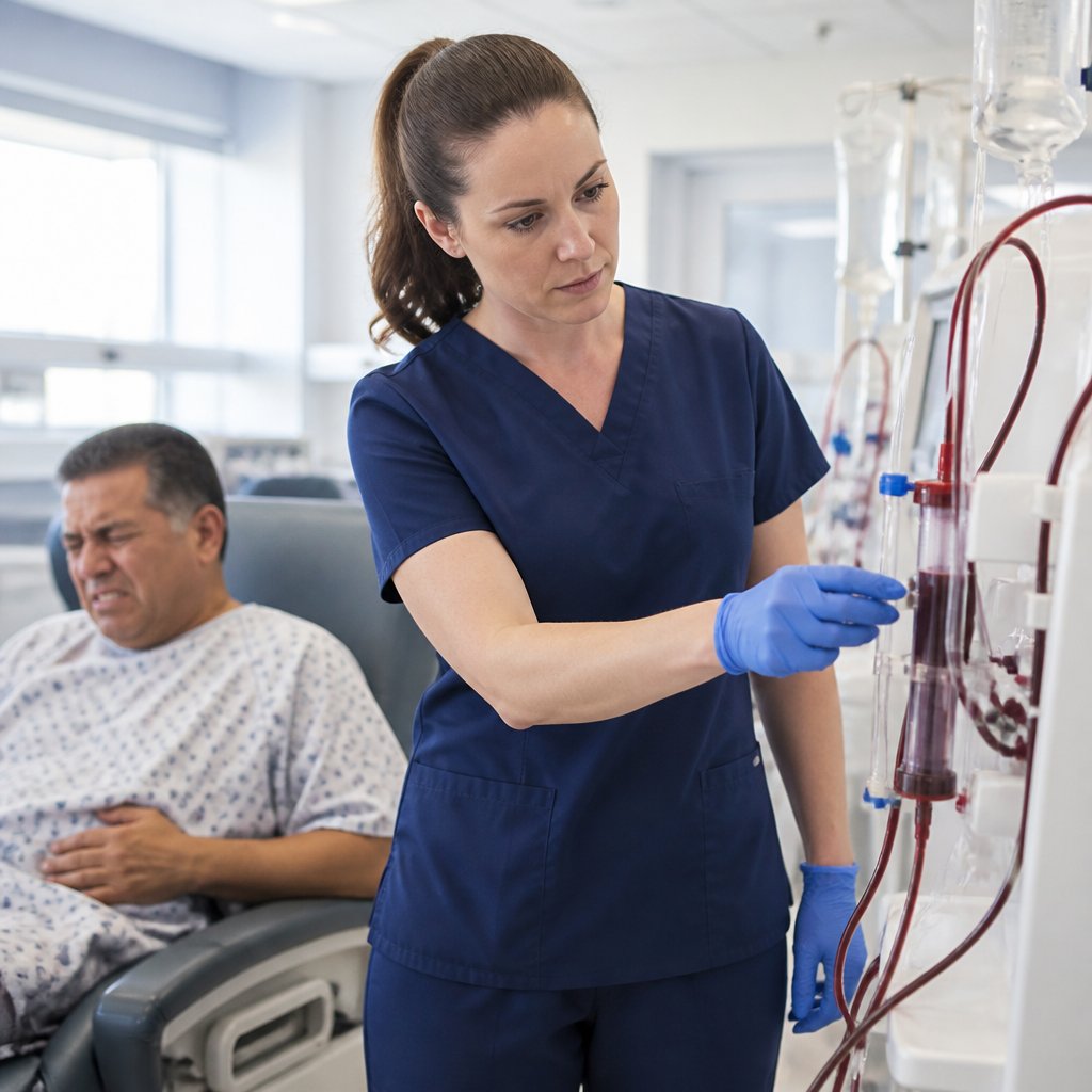 Nurse observing tea-colored blood in dialysis venous line as patient shows discomfort