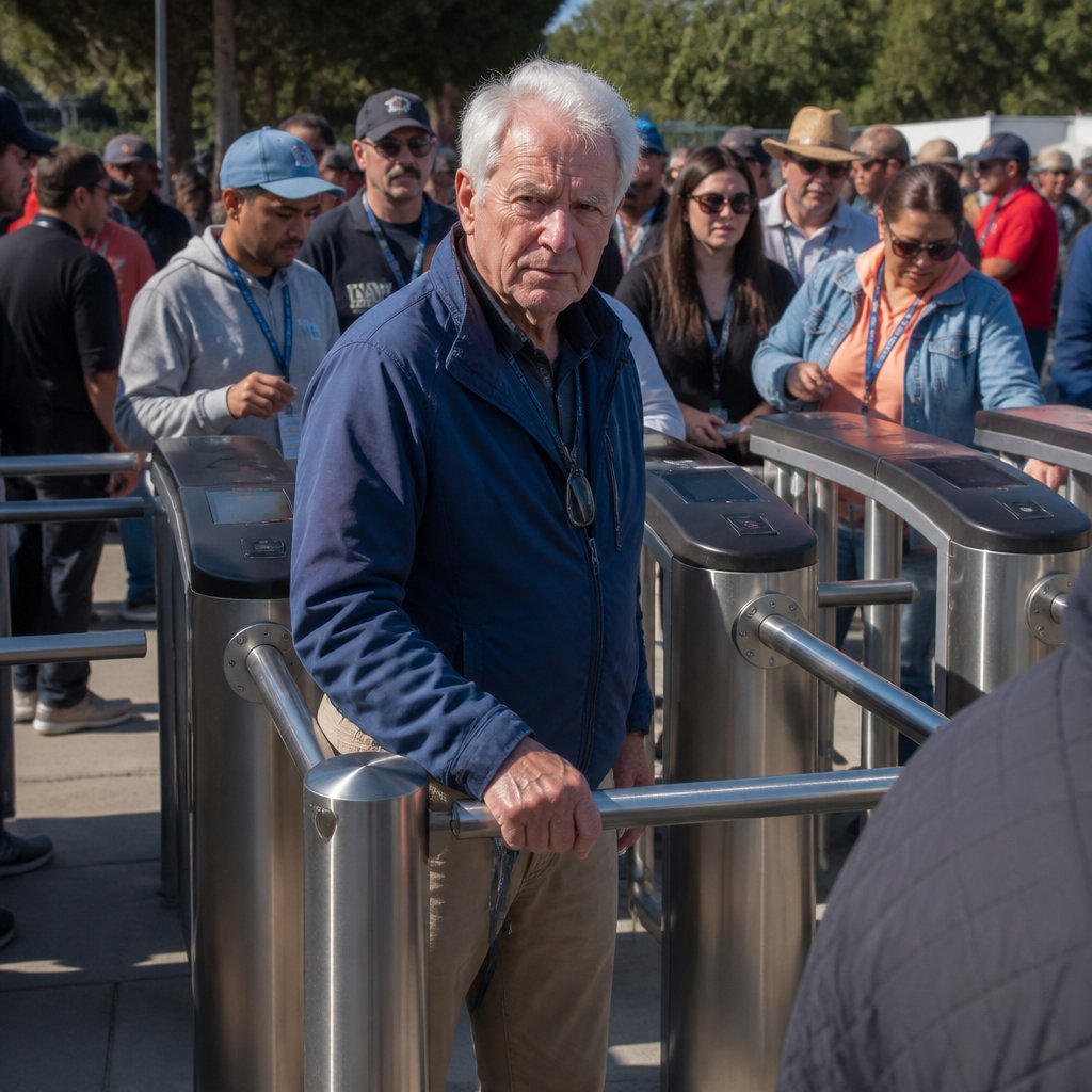 Man in blue jacket at locked turnstile with frustrated expression, surrounded by waiting crowd.