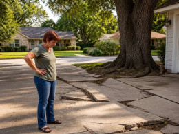 Woman standing on cracked driveway looking at damage from tree roots near property line