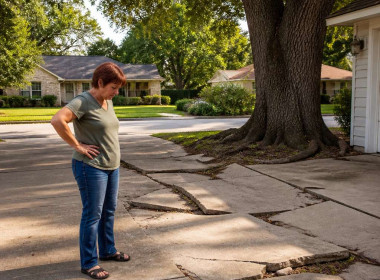Woman standing on cracked driveway looking at damage from tree roots near property line