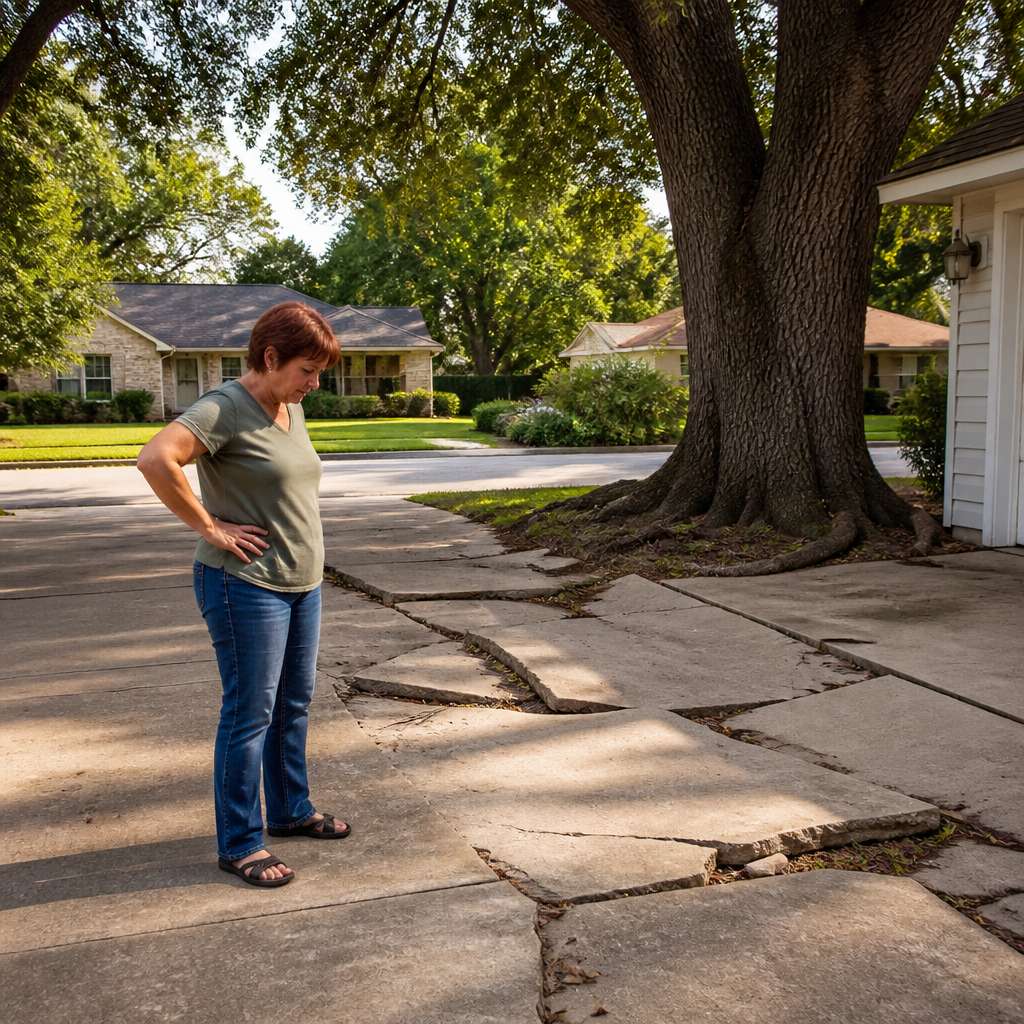 Woman standing on cracked driveway looking at damage from tree roots near property line