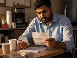 Man reviewing paycheck and timecard in a cluttered break room.