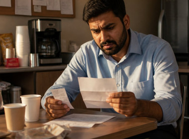 Man reviewing paycheck and timecard in a cluttered break room.