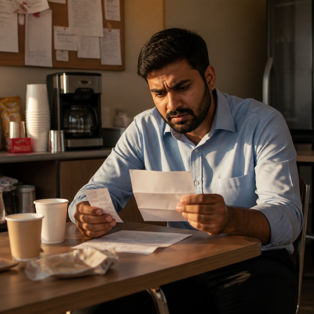 Man reviewing paycheck and timecard in a cluttered break room.