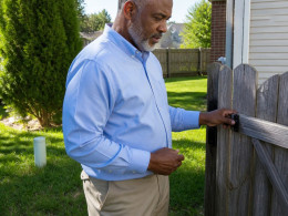 Man holding garden gate latch and looking down, standing in backyard near fence and survey stake.