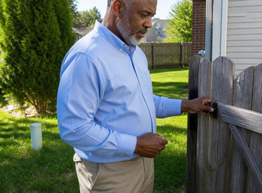 Man holding garden gate latch and looking down, standing in backyard near fence and survey stake.