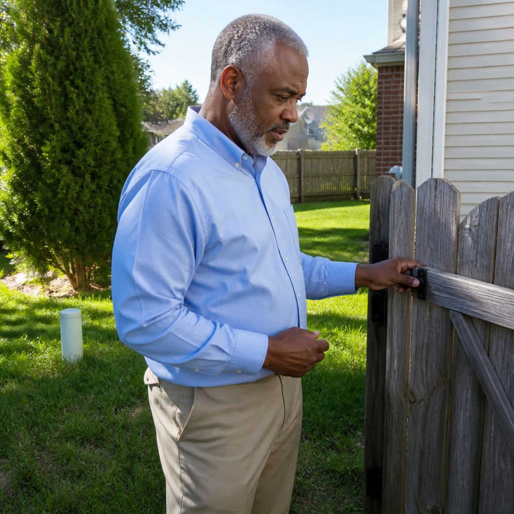 Man holding garden gate latch and looking down, standing in backyard near fence and survey stake.