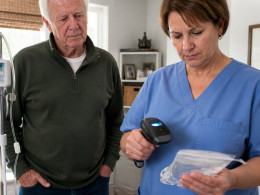 An elderly white man watching a nurse scan a medication bag barcode in a home infusion room.