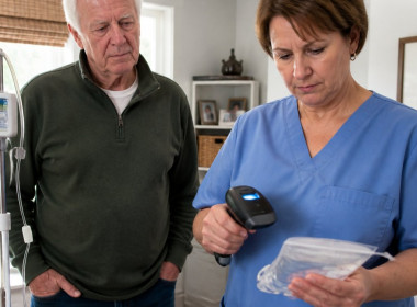 An elderly white man watching a nurse scan a medication bag barcode in a home infusion room.