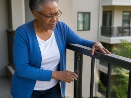 Woman examining a balcony railing that wobbles despite fresh paint.
