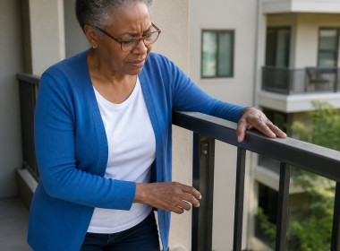 Woman examining a balcony railing that wobbles despite fresh paint.