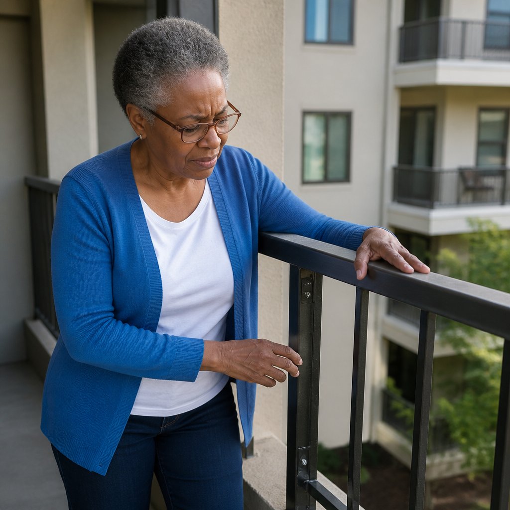 Woman examining a balcony railing that wobbles despite fresh paint.