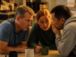 Three employees whispering closely in a cluttered break room, uneasy expressions.