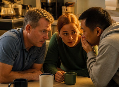 Three employees whispering closely in a cluttered break room, uneasy expressions.
