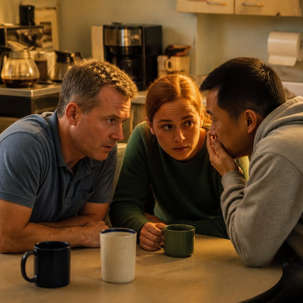 Three employees whispering closely in a cluttered break room, uneasy expressions.