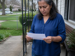 Concerned woman reading a pest abatement notice on her front porch.