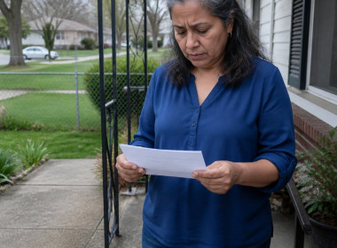 Concerned woman reading a pest abatement notice on her front porch.