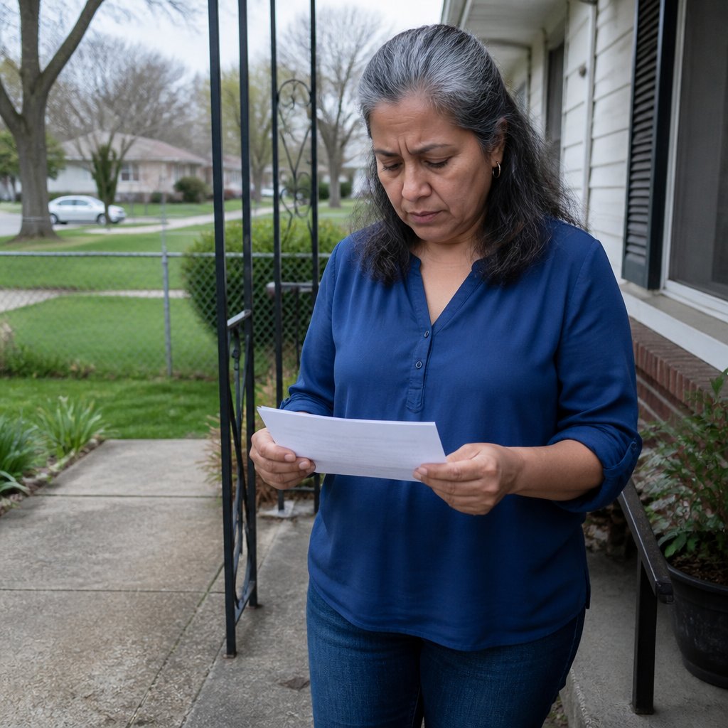 Concerned woman reading a pest abatement notice on her front porch.