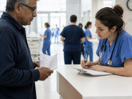 South Asian man in glasses at emergency triage talking with nurse while holding Spanish allergy list.