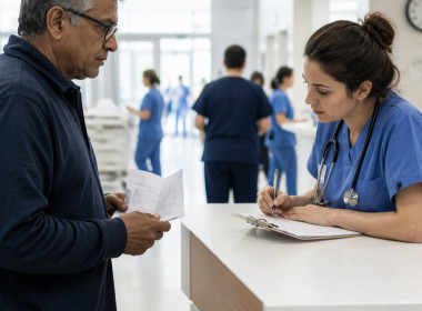South Asian man in glasses at emergency triage talking with nurse while holding Spanish allergy list.