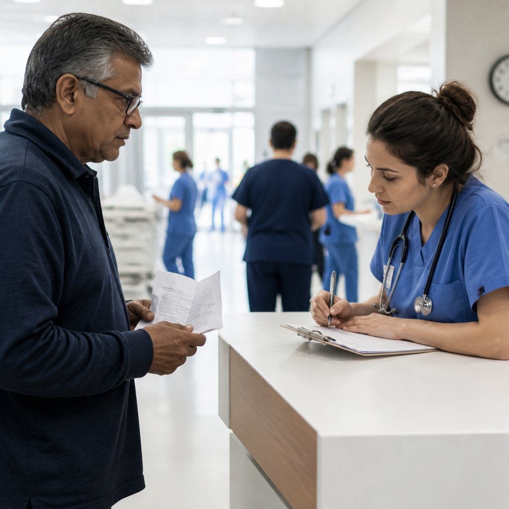 South Asian man in glasses at emergency triage talking with nurse while holding Spanish allergy list.