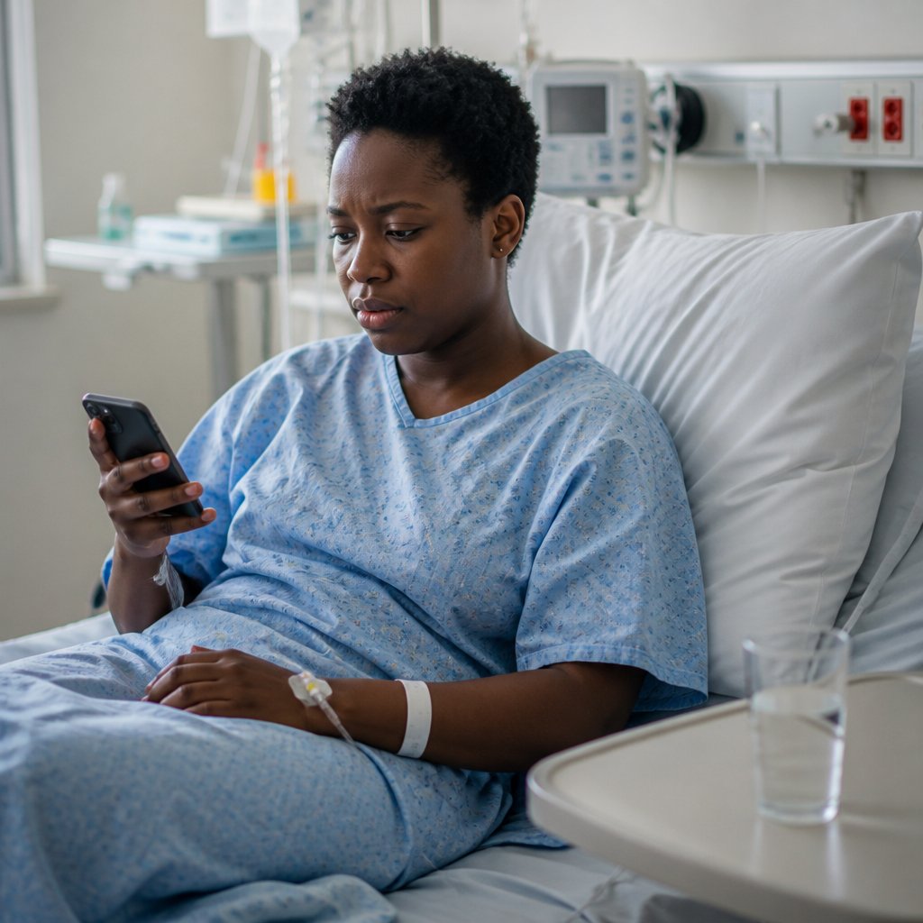 Black woman in hospital bed looking at her phone with a confused expression.