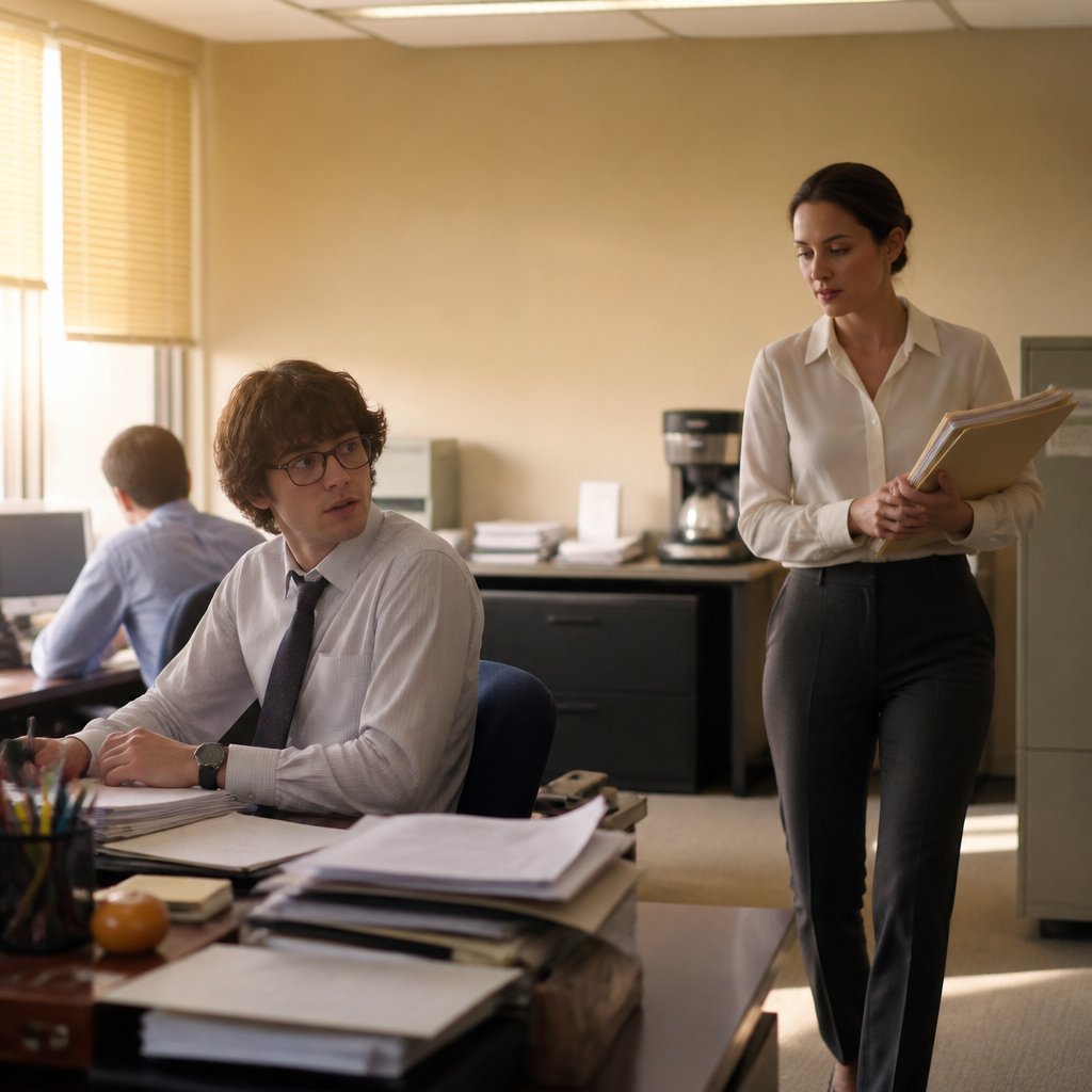 Office bullpen with mid-20s white man with shaggy brown hair and glasses looking distracted at desk while a confident woman passes by with client folders.
