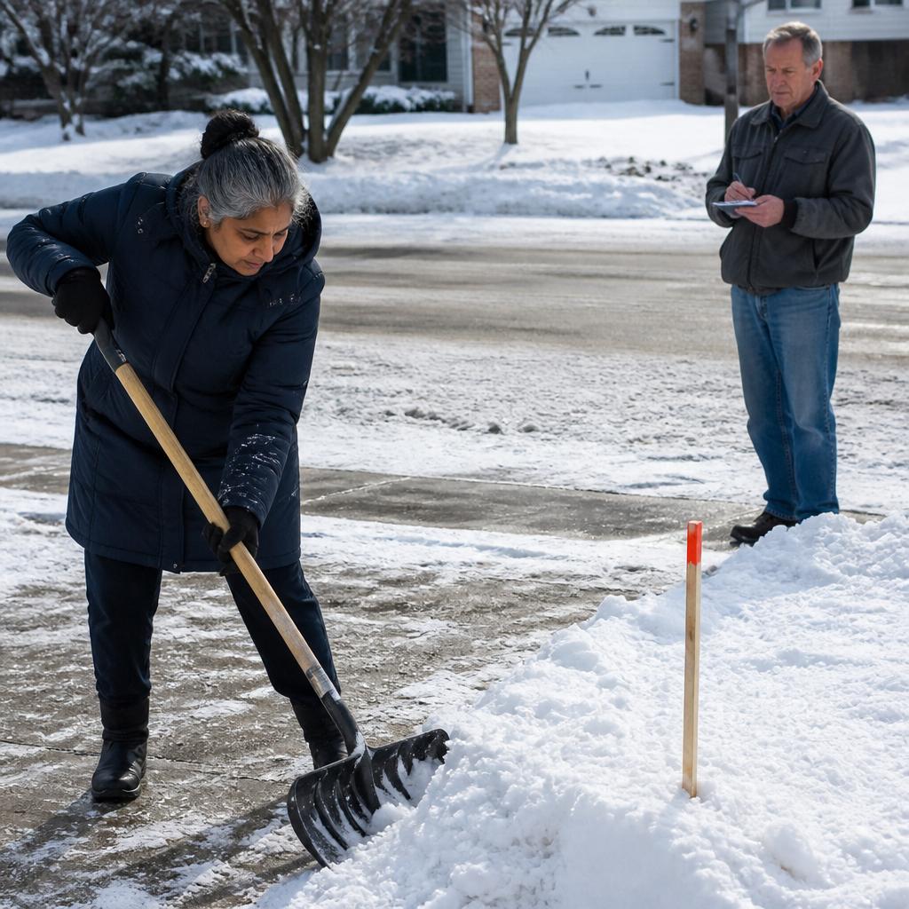 Woman shoveling snow on driveway while neighbor watches and takes notes across the street
