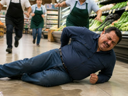 Man lying on wet grocery store floor in pain with employees rushing to help