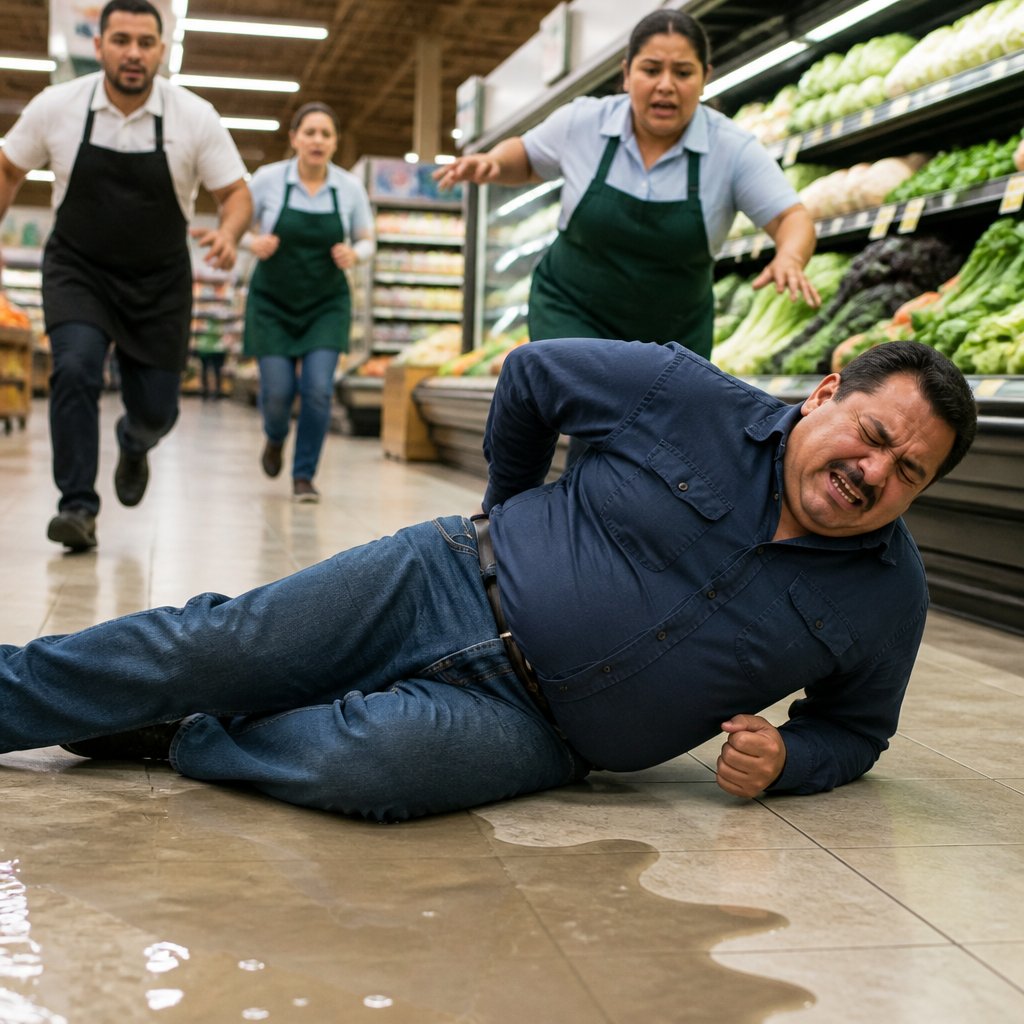 Man lying on wet grocery store floor in pain with employees rushing to help