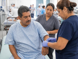 Latino man in hospital gown being triaged in busy ER with nurses nearby.