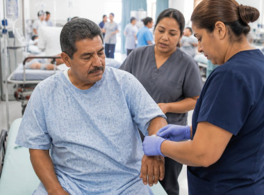 Latino man in hospital gown being triaged in busy ER with nurses nearby.