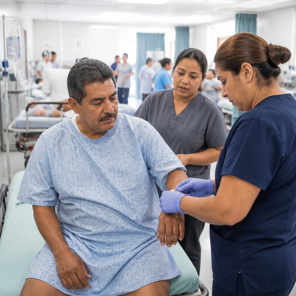 Latino man in hospital gown being triaged in busy ER with nurses nearby.