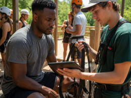 Man sitting on bench signing a smudged tablet held by teen attendant fitting a harness at adventure park.