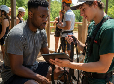 Man sitting on bench signing a smudged tablet held by teen attendant fitting a harness at adventure park.
