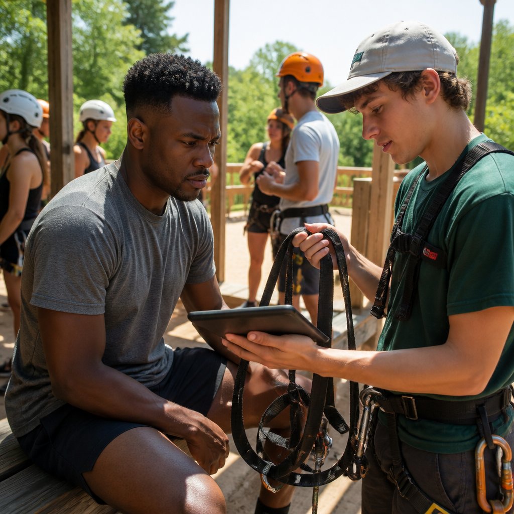 Man sitting on bench signing a smudged tablet held by teen attendant fitting a harness at adventure park.