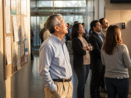 Older East Asian man looking at wellness challenge leaderboard in office lobby with coworkers nearby.